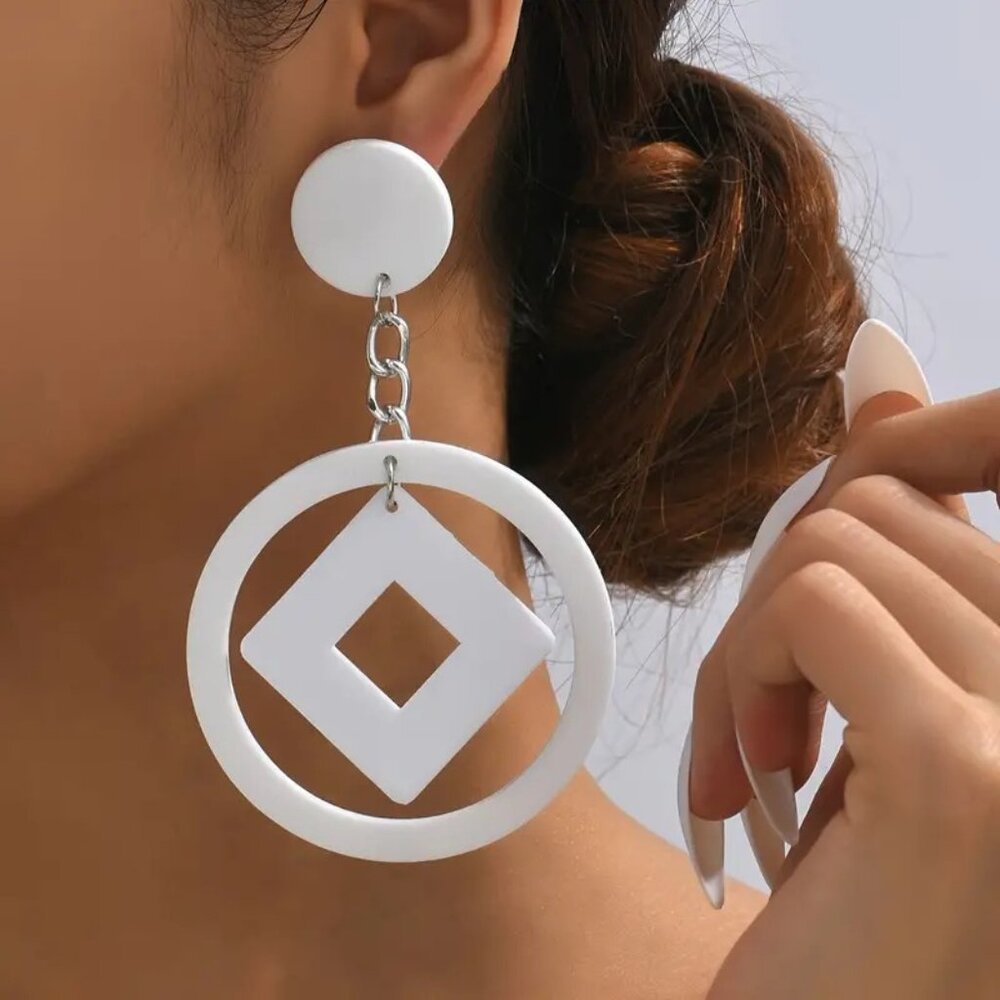 JUMBO Y2K Acrylic Hoop White Plastic Chain Link Hollow Disco Drop Earrings